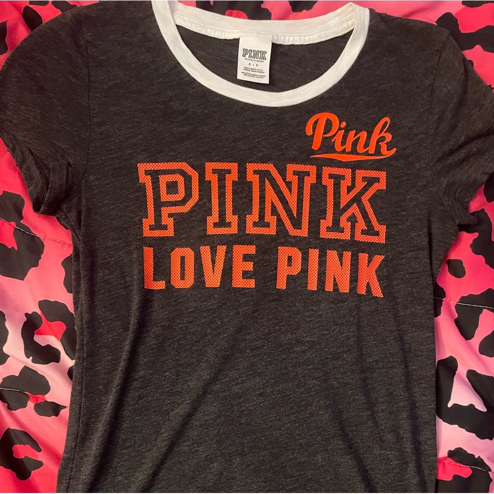 PINK Victoria's Secret Charcoal Tee with Orange Text